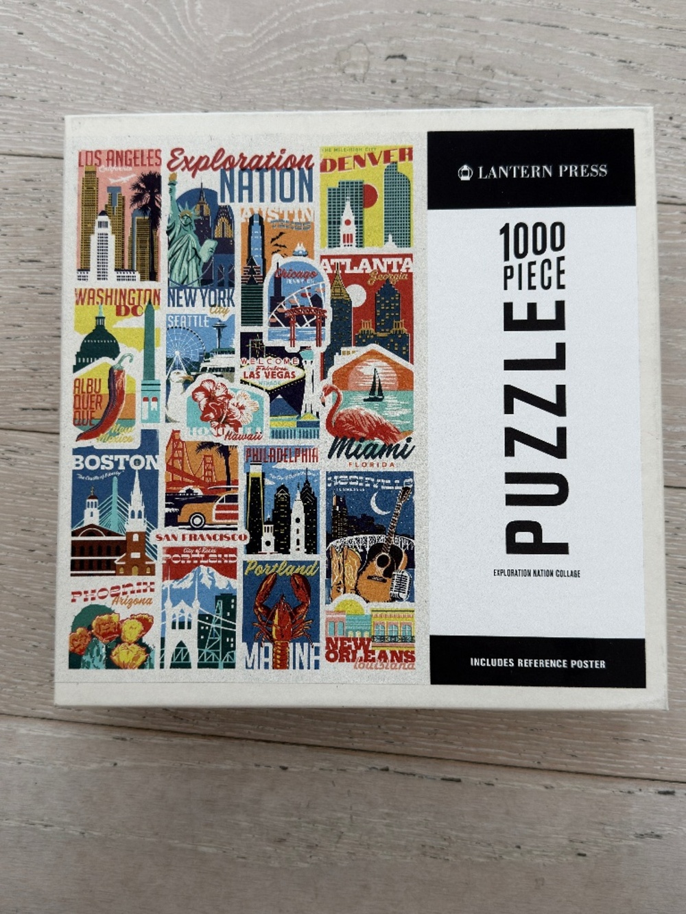 1000-piece woodblock cities collage, exploration nation, jigsaw puzzle